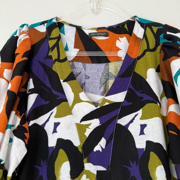 For Cynthia Floral Linen Puff Sleeve Dress Sz L - Picture 9 of 13